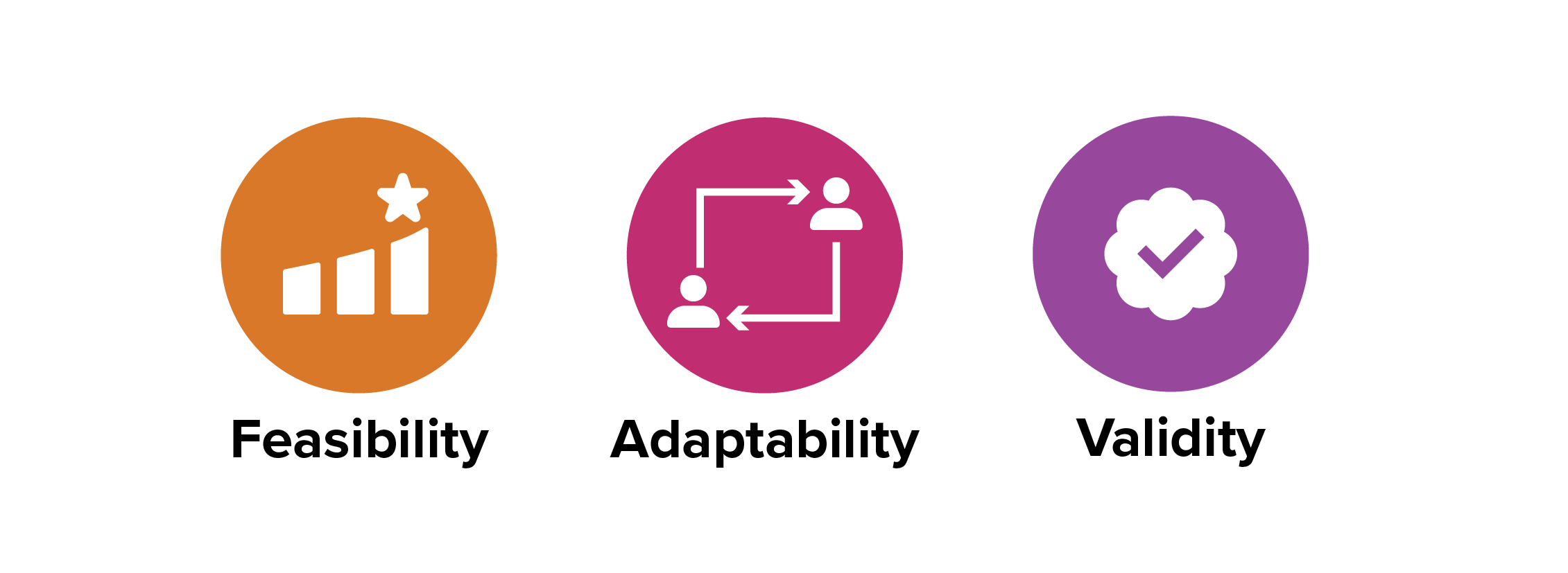 Three icons with words below: Feasibility: a chart with a star. Adaptibility: People connecting. Validity: A checkmark in a circle.